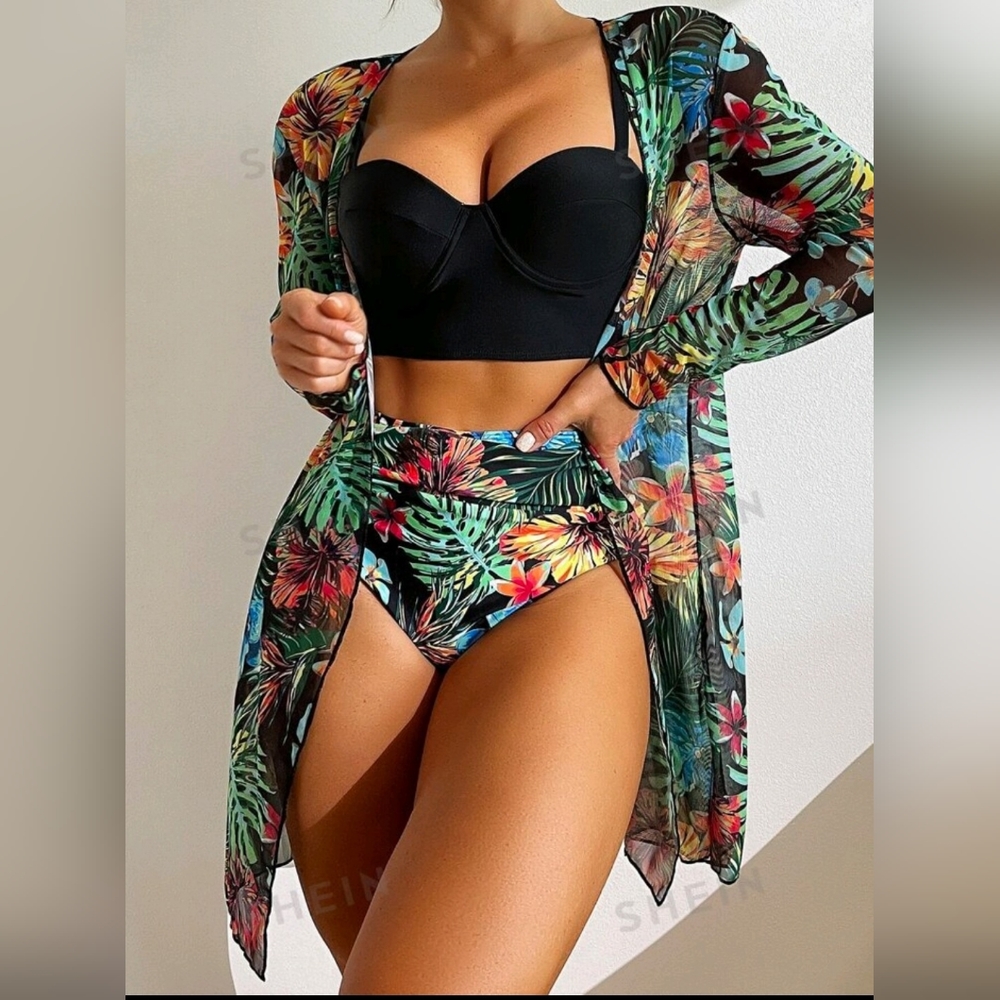SHEIN Swim Classy 3 Piece Tropical Print Push Up High Waisted Bikini and Kimono